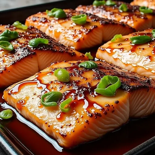 30-Minute Honey Garlic Salmon: A Cozy Dinner That Always Delivers Close-up view of honey garlic salmon fillets garnished with green onions and lemon wedges.
