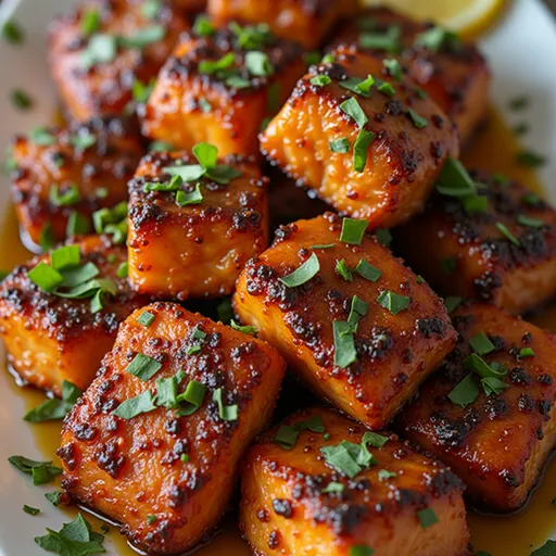 Savory Sweetness in Every Bite: My Go-To Crispy Honey Garlic Salmon Recipe Close-up of crispy honey garlic salmon bites garnished with green onions and sesame seeds.