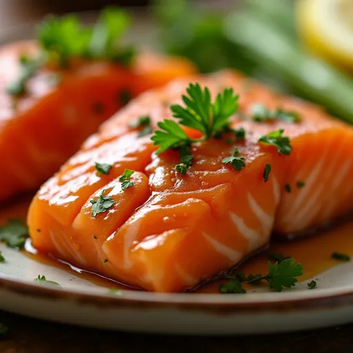 Sweet Meets Savory: My Go-To Honey Butter Garlic Glazed Salmon Bites Close-up of honey butter garlic glazed salmon bites on a plate, garnished with parsley.