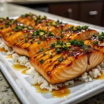 A close-up shot of Honey Garlic Glazed Salmon served in a bowl with brown rice, steamed broccoli, and julienned carrots.