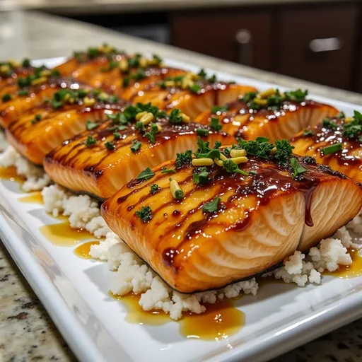 A Flavorful Escape: Honey Garlic Glazed Salmon Bowls to Brighten Your Day A close-up shot of Honey Garlic Glazed Salmon served in a bowl with brown rice, steamed broccoli, and julienned carrots.