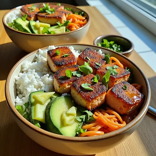 Sweet Heat and Crunch: The Salmon Bowl That Steals the Show Close-up of a Hot Honey Crispy Salmon Bowl with salmon, avocado, and colorful vegetables.