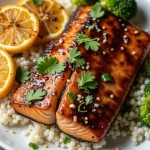 Close-up of honey garlic soy glazed salmon fillet, garnished with green onions and sesame seeds.