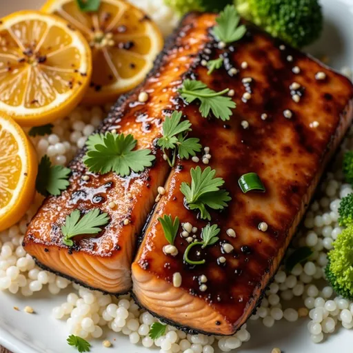Close-up of honey garlic soy glazed salmon fillet, garnished with green onions and sesame seeds.