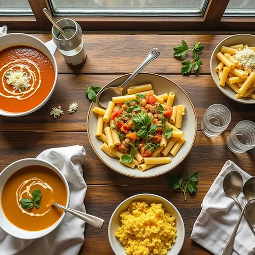 Rainy Evening Bliss: A Cozy Vegetarian Tomato Soup and Pasta Delight Close-up of a warm vegetarian dinner featuring tomato soup and pasta, garnished with fresh basil.