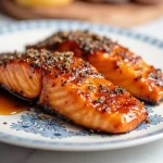 Close-up of crispy honey garlic salmon fillets garnished with green onions.
