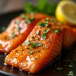 Close-up of perfectly cooked air fryer salmon fillets glistening with honey garlic glaze.