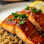 Close-up of honey garlic glazed salmon fillet atop fluffy quinoa with green onions.