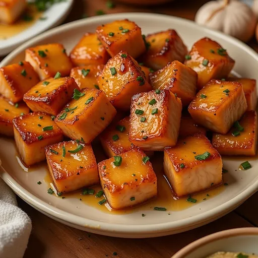 Close-up of honey garlic salmon fillet with a glossy glaze and sesame seeds on top.