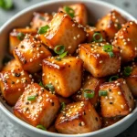 Close-up of crispy honey garlic salmon bites on a white plate, garnished with green onions and sesame seeds.