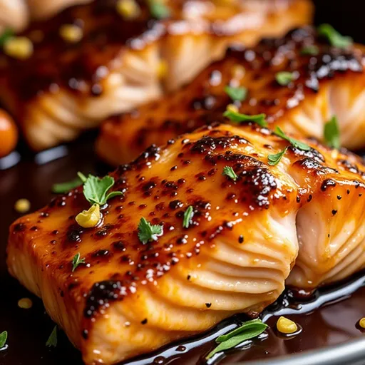 Close-up of honey garlic glazed salmon fillet garnished with green onions and sesame seeds.