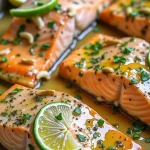 Close-up of baked salmon fillets drizzled with honey lime garlic butter, garnished with lime slices and parsley.