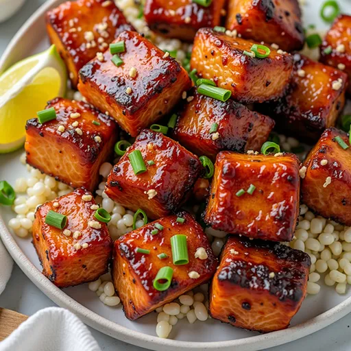 Close-up of honey garlic salmon bites garnished with green onions, showcasing a glossy glaze.
