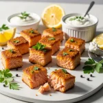 Close-up of crispy air fryer salmon bites garnished with parsley.