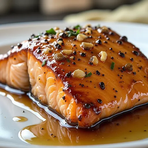 Close-up of succulent Air Fryer Salmon fillet glazed with honey garlic sauce, set against a soft-focused background.