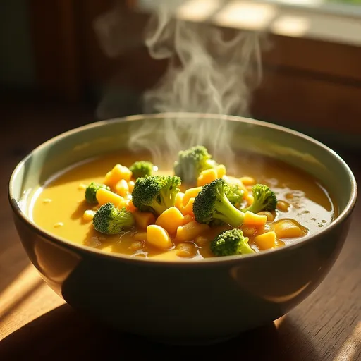 Creamy broccoli cheddar soup in a bowl, garnished with parsley and soft shadows from natural light.