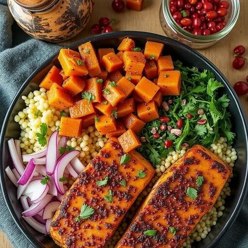 Close-up of a Sweet & Spicy Salmon Bowl featuring salmon fillets, roasted sweet potatoes, and sliced avocado in a natural light setting.