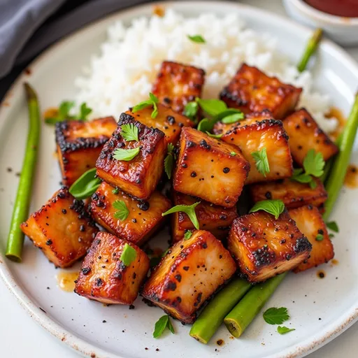 Close-up of golden Air Fryer Salmon Bites garnished with fresh parsley on a wooden plate.
