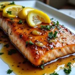 Close-up of Honey Garlic Butter Baked Salmon fillets garnished with parsley.