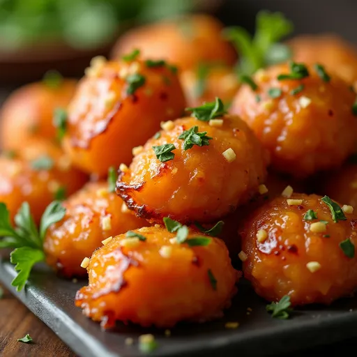 Sweet, Savory, and Oh-So-Crispy: My Go-To Air Fryer Honey Garlic Salmon Bites Close-up of crispy Air Fryer Honey Garlic Salmon Bites in a warm setting.