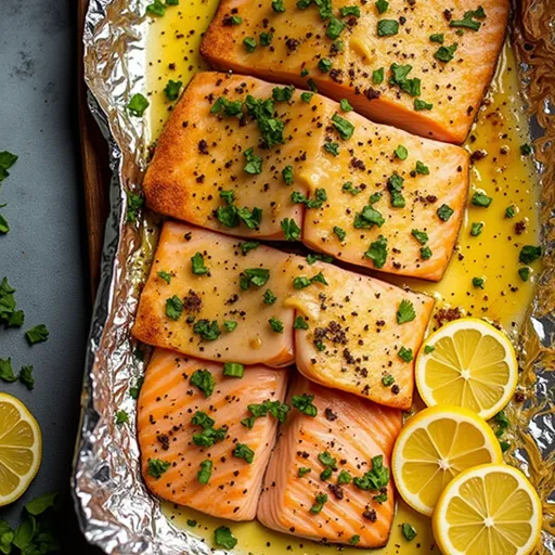 A Deliciously Simple Garlic Butter Baked Salmon Recipe That’ll Steal Your Heart Close-up shot of Garlic Butter Baked Salmon with lemon slices and parsley on a plate.
