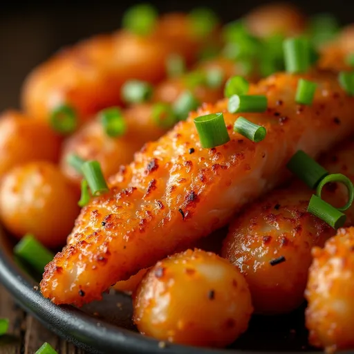Close-up view of Air Fryer Honey Garlic Salmon Bites on a plate.