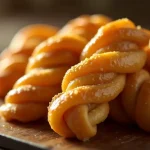Close-up of golden-brown pumpkin pie twists arranged on a rustic plate, showcasing flaky pastry and pumpkin filling.