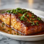 Close-up of a perfectly glazed salmon fillet with a shiny brown sugar honey glaze.
