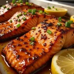 Close-up of honey garlic salmon fillet glistening with sauce, surrounded by lemon wedges.