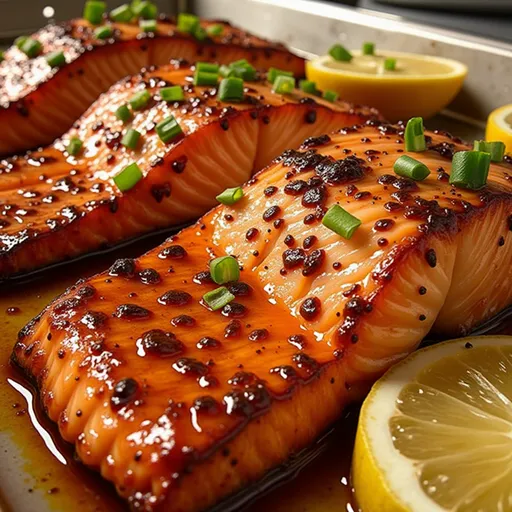 Whip Up This 30-Minute Honey Garlic Salmon That’ll Steal Your Heart Close-up of honey garlic salmon fillet glistening with sauce, surrounded by lemon wedges.