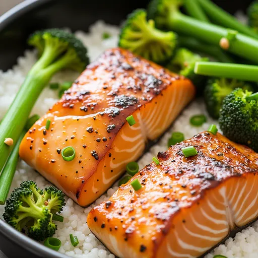 Sweet and Savory: The Honey Garlic Salmon That Dances on Your Taste Buds Close-up of honey garlic salmon fillets in an air fryer, with a glossy glaze and garnished with green onions.