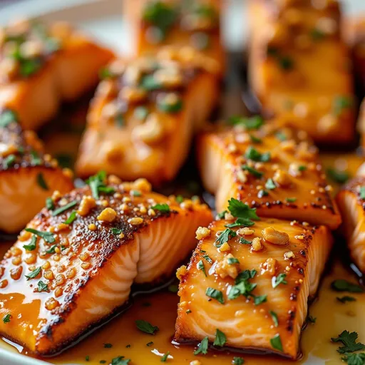 Weeknight Wonder: Crispy Air Fryer Honey Garlic Salmon That’s a Breeze to Make A close-up shot of crispy honey garlic salmon garnished with chopped green onions and lemon wedges.