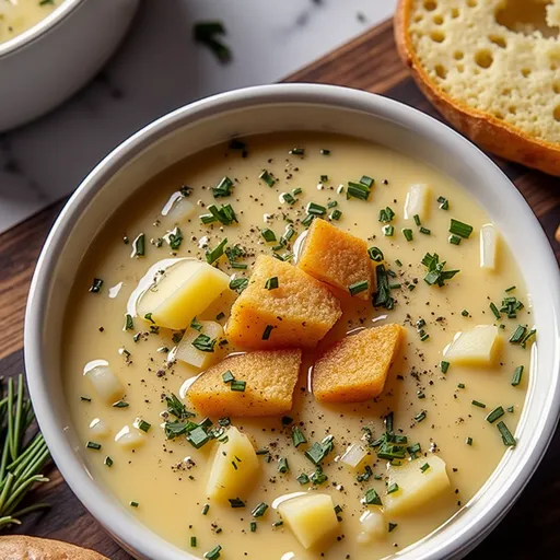 Close-up of a warm bowl of Cheddar Garlic Herb Potato Soup, garnished with chives.