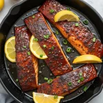 Close-up of glazed salmon fillet drizzled with honey, garnished with parsley and served with lemon wedges.