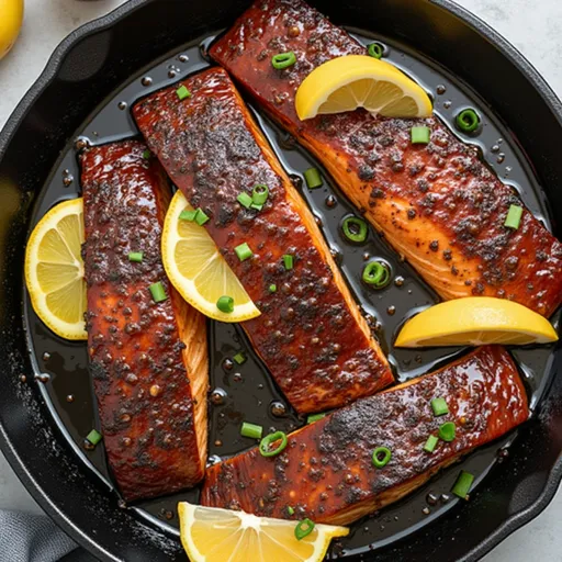 Close-up of glazed salmon fillet drizzled with honey, garnished with parsley and served with lemon wedges.