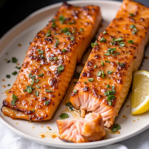Close-up of honey garlic salmon fillet garnished with green onions.
