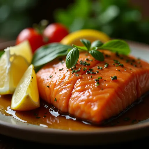 The Salmon Recipe That Makes Weeknight Dinners Feel Like a Celebration Close-up of honey garlic salmon fillet garnished with parsley and lemon wedges.