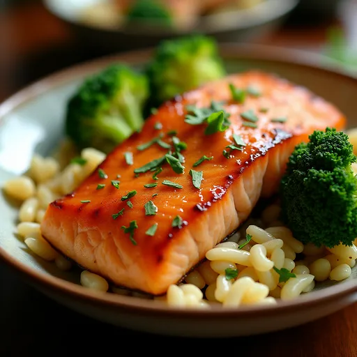 A Wholesome Bowl of Happiness: Slow Cooker Honey Garlic Salmon Close-up view of a Slow Cooker Honey Garlic Salmon Bowl with salmon, rice, and broccoli.