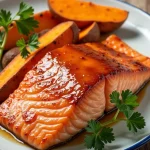 Close-up of maple glazed salmon fillet with roasted sweet potatoes on a plate.