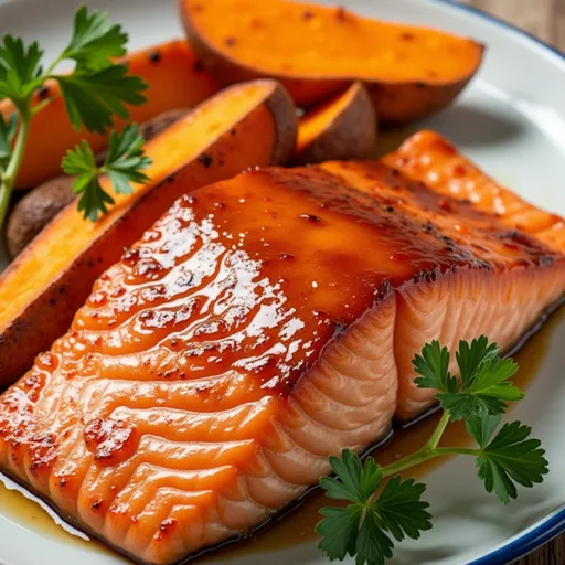 Sweet Meets Savory: The Maple Glazed Salmon That Dances on Your Taste Buds Close-up of maple glazed salmon fillet with roasted sweet potatoes on a plate.