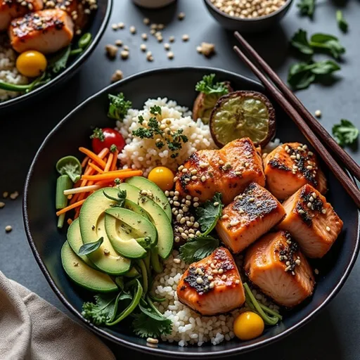 A Sweet and Spicy Delight: My Go-To Honey Garlic Salmon Bowls Close-up view of a Honey Garlic Salmon Bowl featuring salmon fillet, rice, broccoli, and avocado.