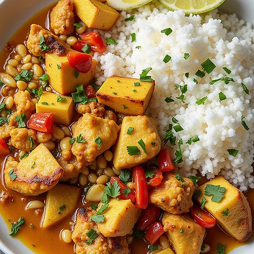 Close-up of a plate featuring Brazilian Coconut Chicken with vibrant vegetables.