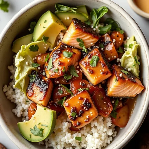 The Honey-Glazed Salmon Bowl That Turns Weeknight Dinners Into a Celebration Close-up of a Honey Glazed Salmon Bowl featuring salmon, rice, avocado, and greens.
