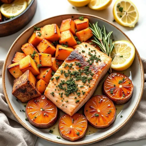 A close-up of honey rosemary salmon fillets drizzled with honey, garnished with fresh rosemary, and served with lemon wedges.