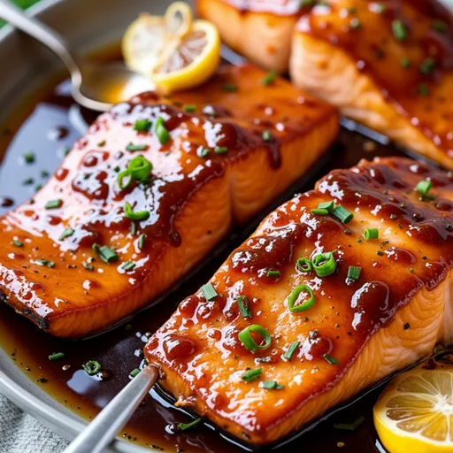 A Glorious Honey Garlic Glazed Salmon That Dances on Your Taste Buds Close-up of glazed salmon fillet drizzled with honey garlic sauce, garnished with green onions.