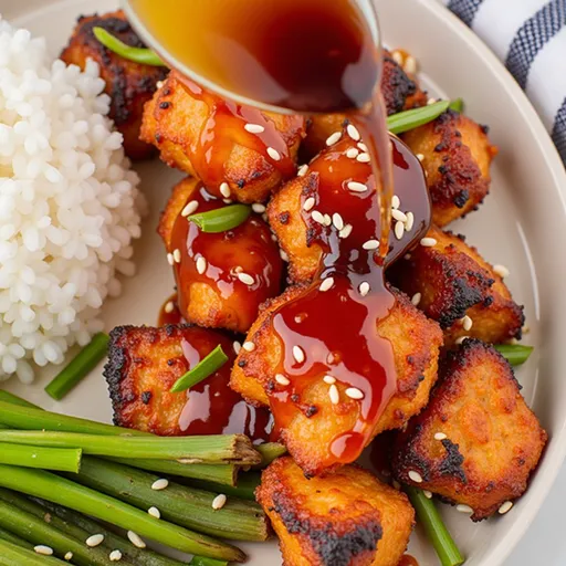 Bite-Sized Bliss: Air Fryer Salmon with a Sweet and Savory Twist Close-up of Air Fryer Salmon Bites drizzled with honey soy glaze, garnished with sesame seeds and green onions.