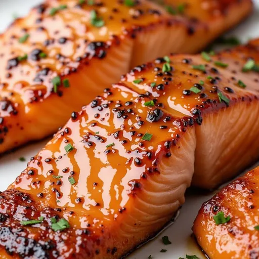 A Whimsical Weeknight Delight: Easy Air Fryer Honey Garlic Salmon Close-up view of air fryer honey garlic salmon garnished with green onions and lemon wedges.