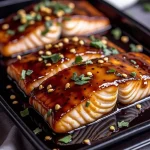 Close-up of crispy honey garlic glazed salmon fillet garnished with green onions and sesame seeds.