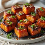 Close-up view of Air Fryer Honey Garlic Salmon Bites garnished with green onions and sesame seeds.
