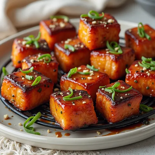 Close-up view of Air Fryer Honey Garlic Salmon Bites garnished with green onions and sesame seeds.